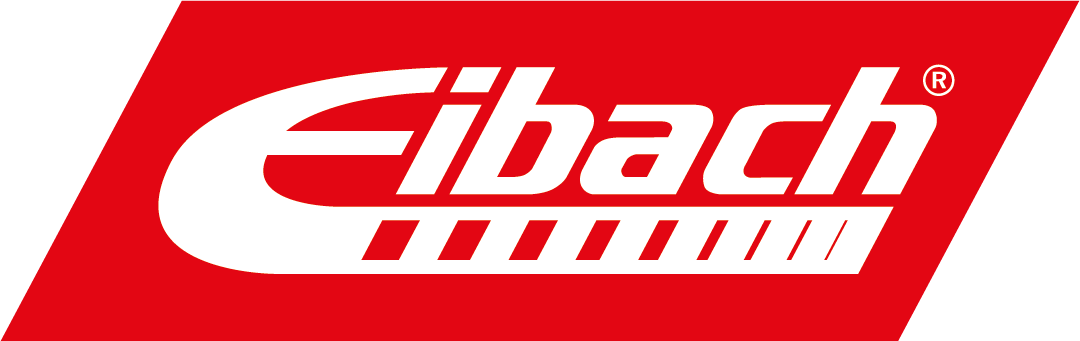 Eibach-Logo mit weißem Text und stilisierten Linien auf rotem Hintergrund.