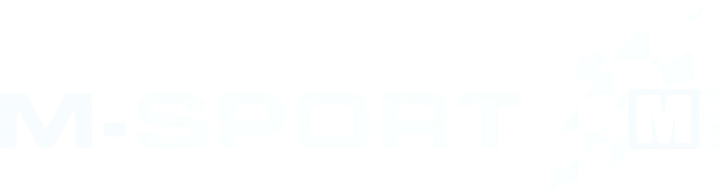 Verblasstes Logo mit dem Wort M-SPORT in großer Schrift, einem karierten Flaggendesign und einem kleineren M SPORT-Feld auf der rechten Seite, alles auf hellem Hintergrund.